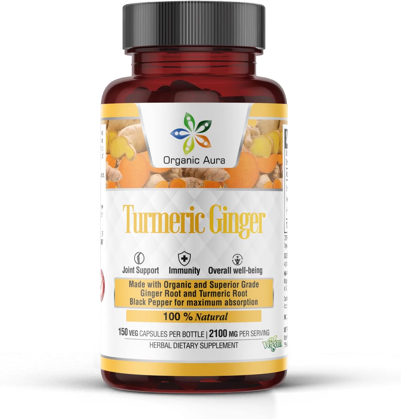 Turmeric Ginger Capsule - 150 Veg. Max Strength Pure High-Potency Curcumin and Zingiber officinale. Supports Joints, Mobility, and Flexibility.
