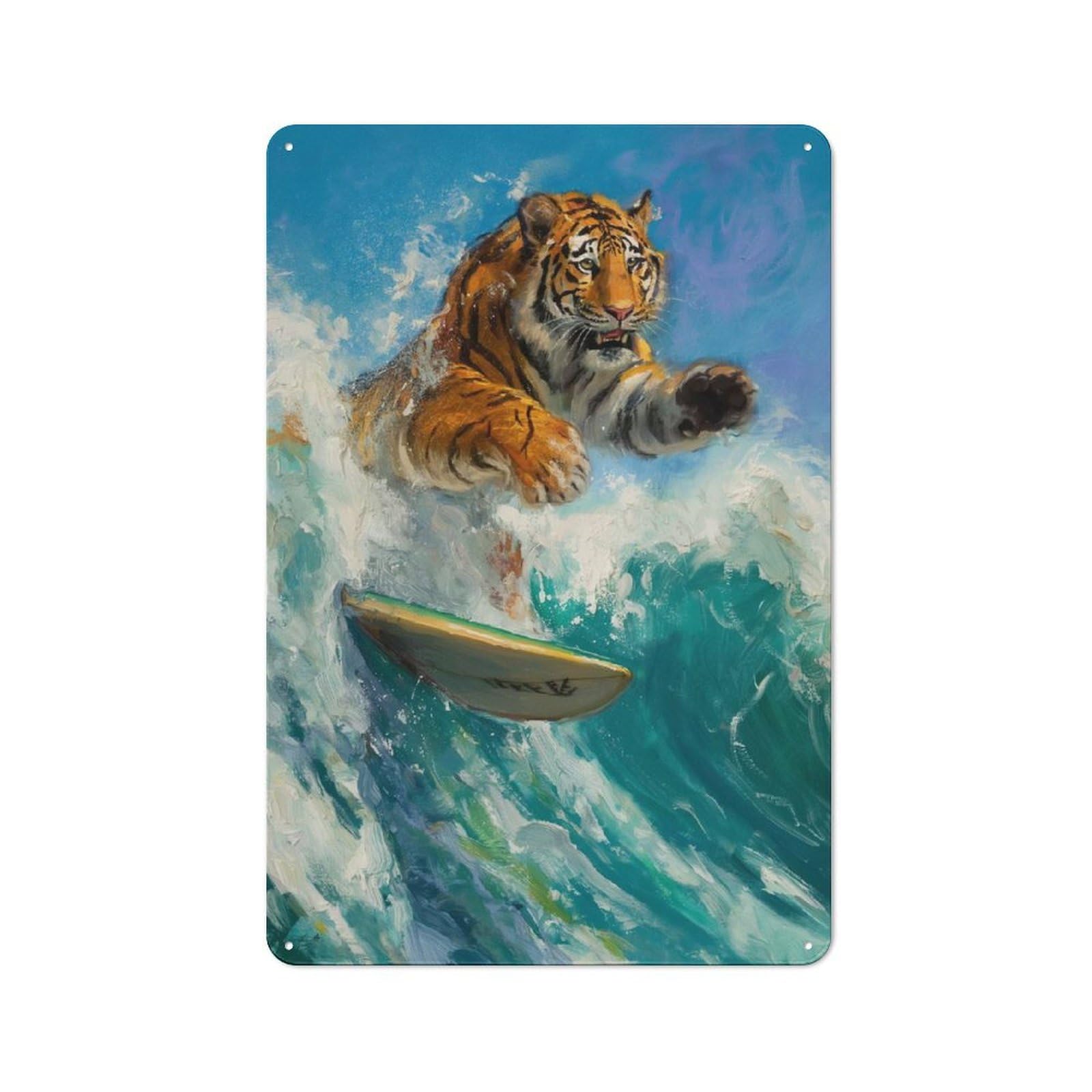 Junmoney Style-16 Tin Wall Plaque 30X20cm With Tiger Surfer Surfing Waves For Hobby Room Or Studio, New Home Wall Decor For Creative Interior Collectors