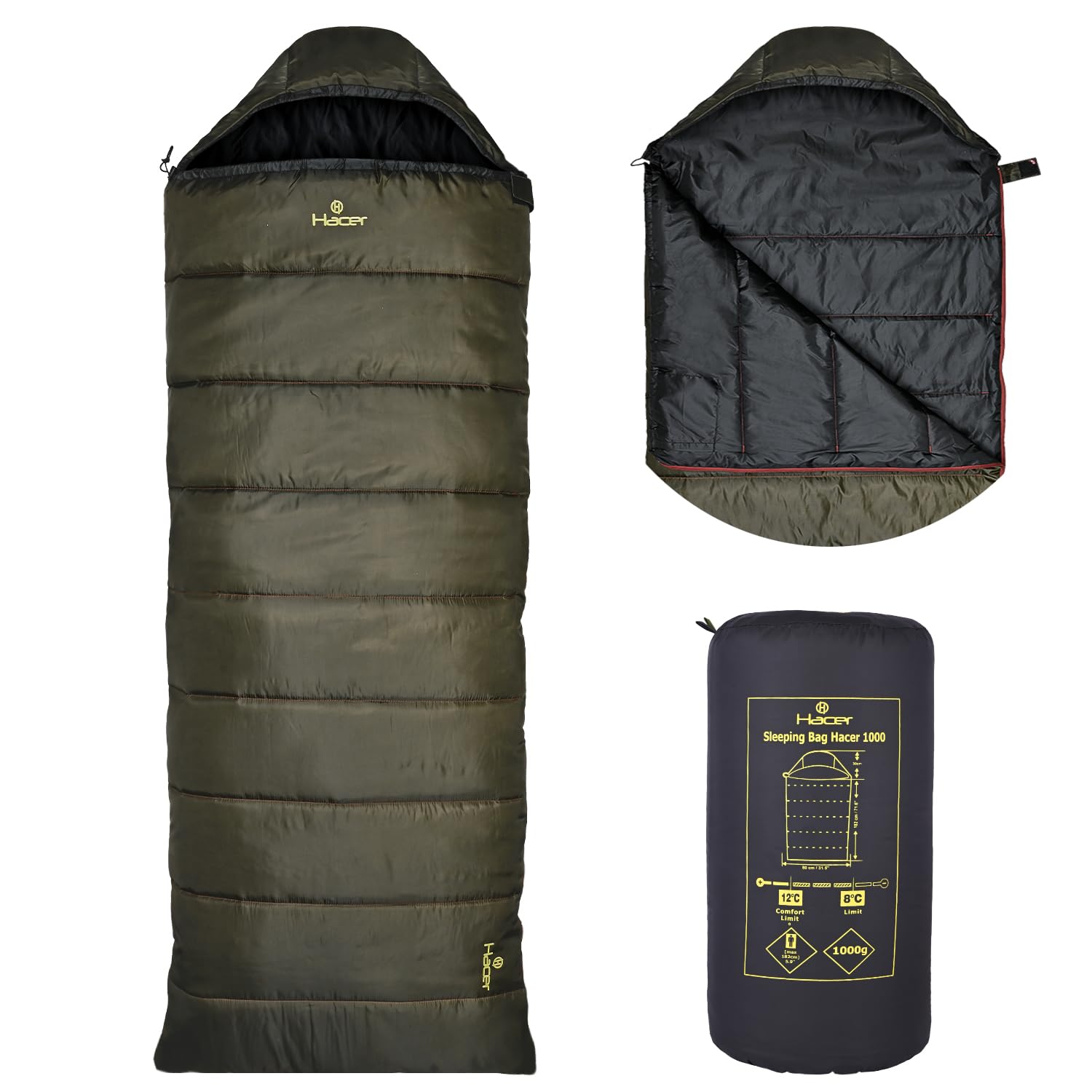 Hacer HC-1000 3in1 Camping Sleeping Bag Open Comforter & Mattress +8 Degree Winter 210T Polyester Lining Hiking Trekking Bags for Baby, Adults Men & Women (7ft, 8°C to +12°C, 1kg)