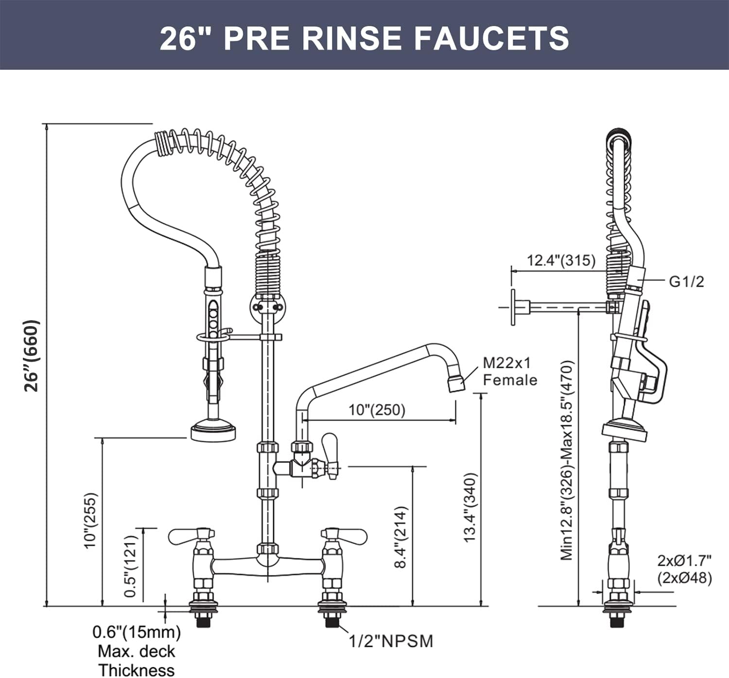 Commercial Kitchen Faucet Deck Mount with Pre-Rinse Sprayer 26" Height Kitchen Sink Faucet 8 Inch Center with 10" Add-on Swing Spout Faucet & Coiled Spring Pull Down Spray