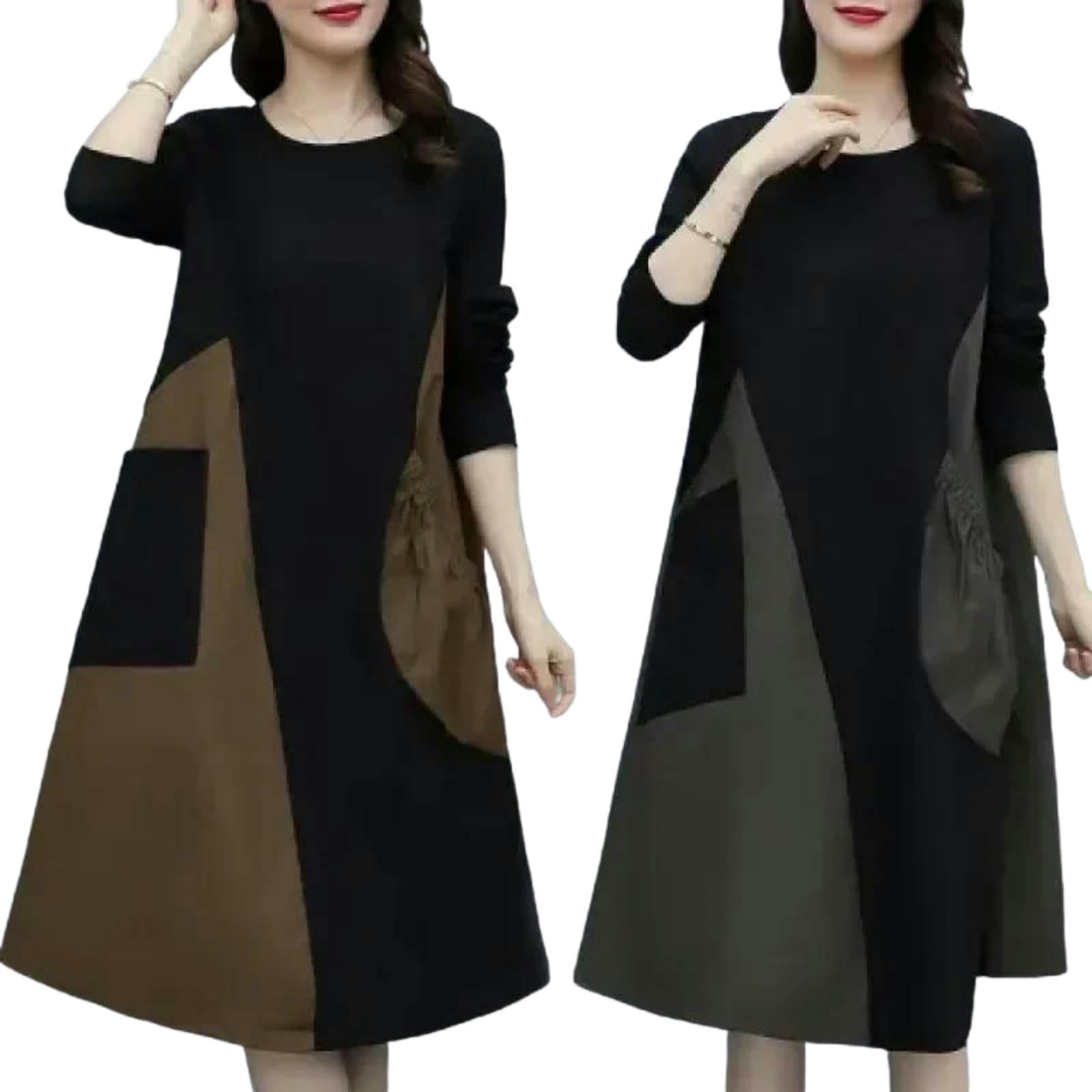 Vestiti a Maniche Lunghe Abito Blocco Colori da Donna, Pancia in Forma Sciolta Che Copre Il Maxi Abito, Autunnale Dimagrante alla Moda, Nuovo Vestito Casual di Arrivo
