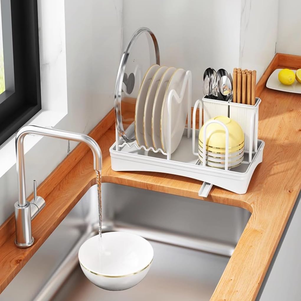 Estante compacto para secar platos con tabla de drenaje para encimera de cocina, cesta extraíble para cubiertos, estante escurridor de platos con drenaje automático para White
