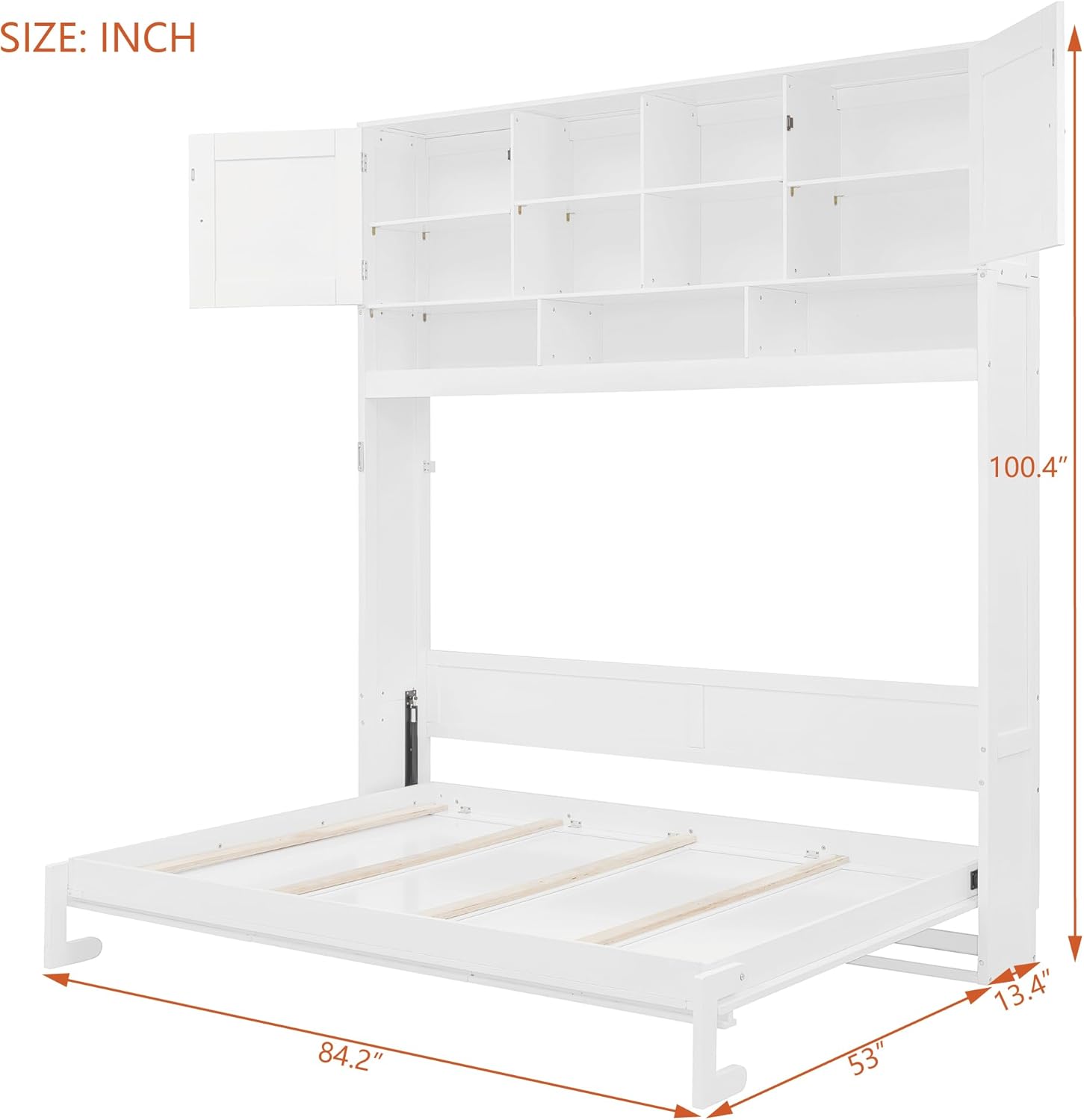 merax queen size murphy bed with top cabinets and shelves, fold into the wall, space-saving design, multifunctional foldable platform bed frame for bedroom, guest room, home office, white