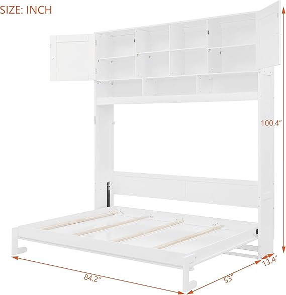 Harper & Bright Designs Queen Size Murphy Bed, Murphy Wall Bed with Ample Storage Space and Chevron Stripes, White