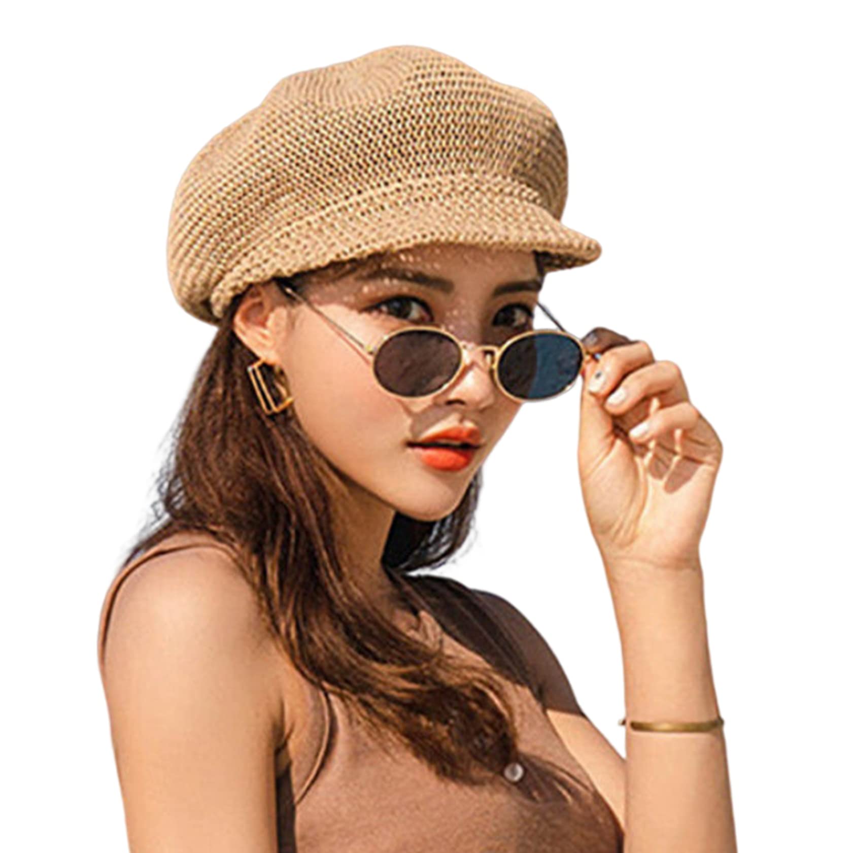 Peosaard Sombrero de Paja de Mujeres, Gorra Octogonal Transpirable, Gorra de periódico de Verano, Sombrero de Sol de la Playa de Punto de Paja con Cuerda Ajustable para Mujeres