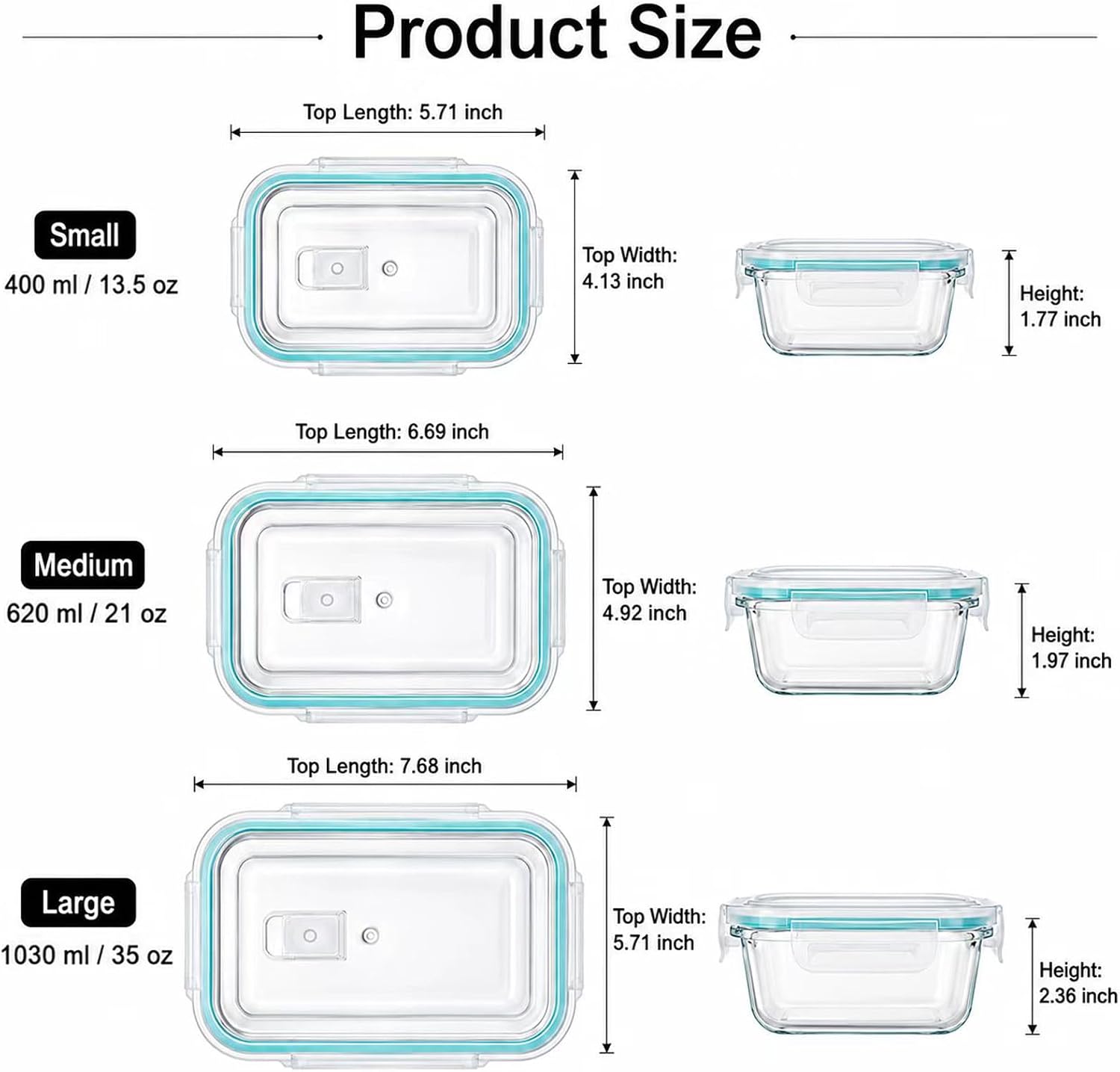 Glass Food Storage Containers Set with Airtight Lids – Leak-Proof Meal Prep Containers for Soups, Leftovers & Lunches – BPA Free, Microwave, Dishwasher & Freezer Safe (3PCS)