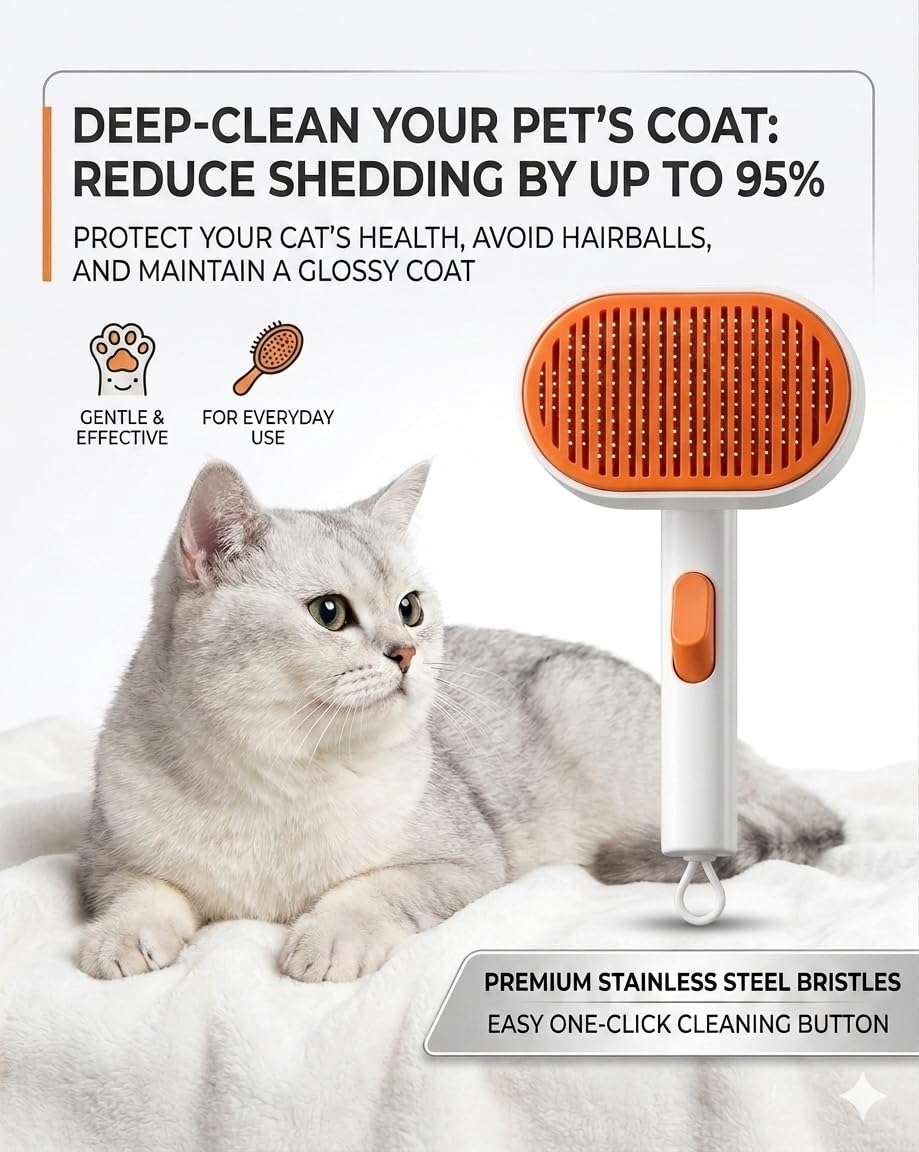 Self Cleaning Slicker Brush for Dogs and Cats - Pet Grooming Brush for Shedding & Massaging - One-Click Hair Removal Tool for Long & Short Haired Pets - Gentle Stainless Steel Bristles