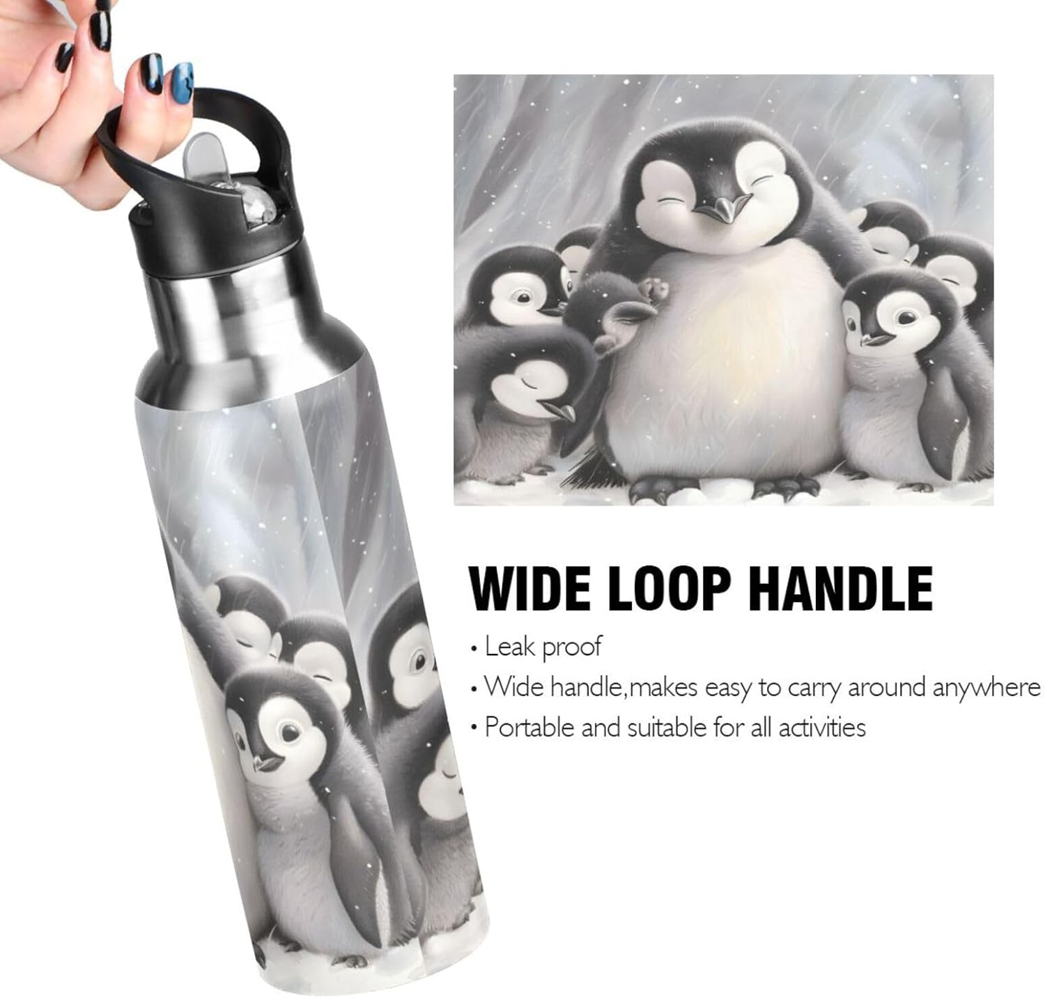ALAZA Cute Penguin and Kids Water Bottle with Straw Lid Vacuum Insulated Stainless Steel Thermo Flask Water Bottle 20oz