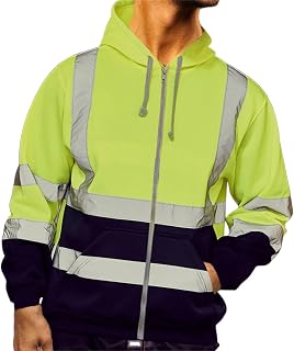 evzosrz Mens Hoodie Sweatshirts Construction Zipper Reflective Safety Jacket High Vis Work Bomber Outdoor Coats Pocket