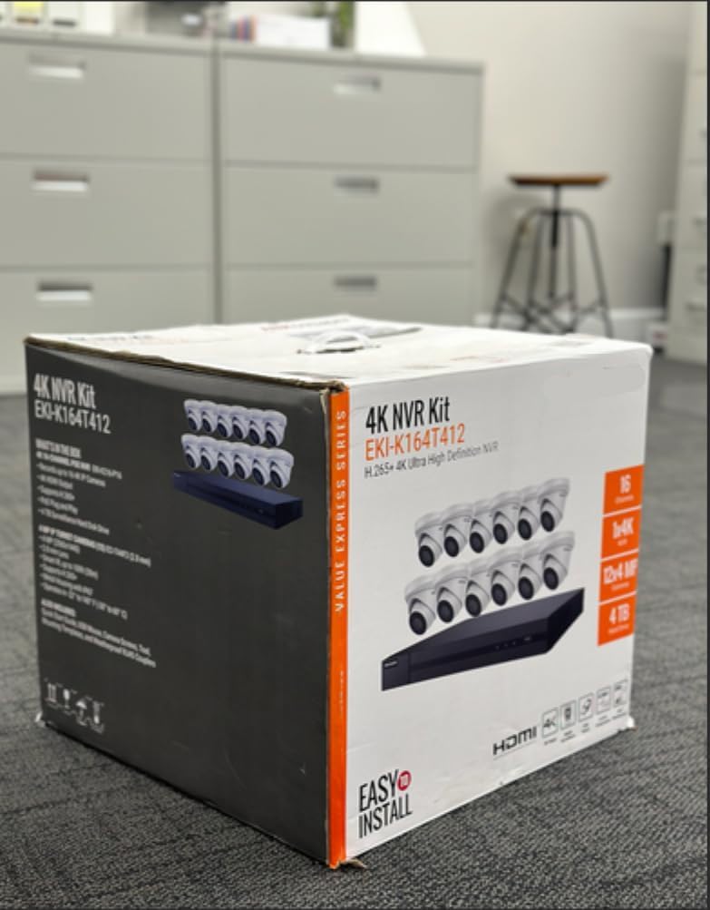 16 Channel Security Camera System EKI-K164T412 4K 8MP NVR 4TB with 12 x 4MP Outdoor Turret Dome Cameras 2.8mm 3-Axis IP67 IK10 H.265+ Cable not Included