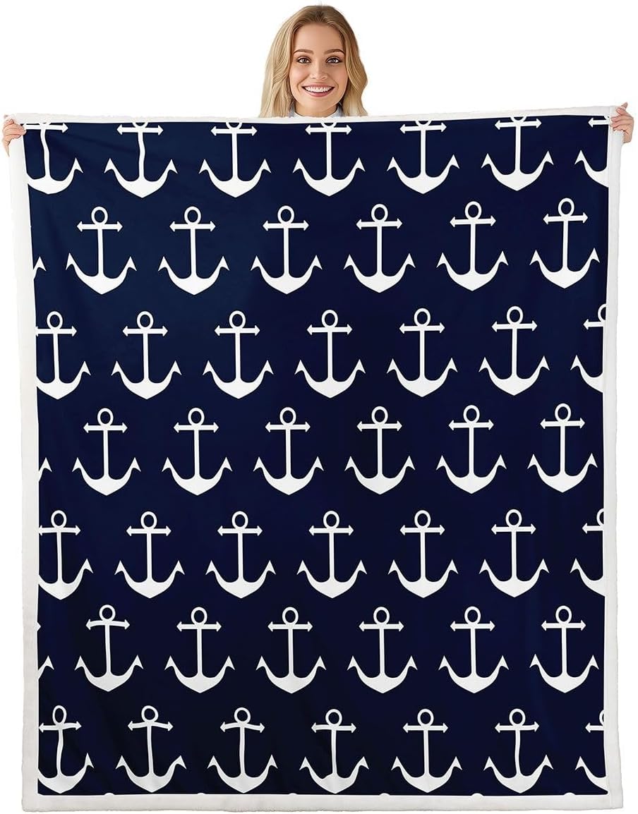 Feelyou Nautical Fuzzy Blanket Anchor Sherpa Throw Blanket Sea Adventure Fleece Throw Blanket Soft Warm Cozy Ocean Theme Plush Blanket Navy Blue 30"x40"