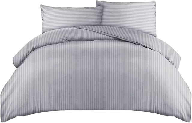 LivinEase Grey King Size Duvet Cover With 2 Pillow Cases  Satin Pinstripes Luxury 300 Threads Premium Hotel Quality Grey King Size Bedding REVERSIBLE Cotton Rich Grey Duvet Cover (Grey, King)