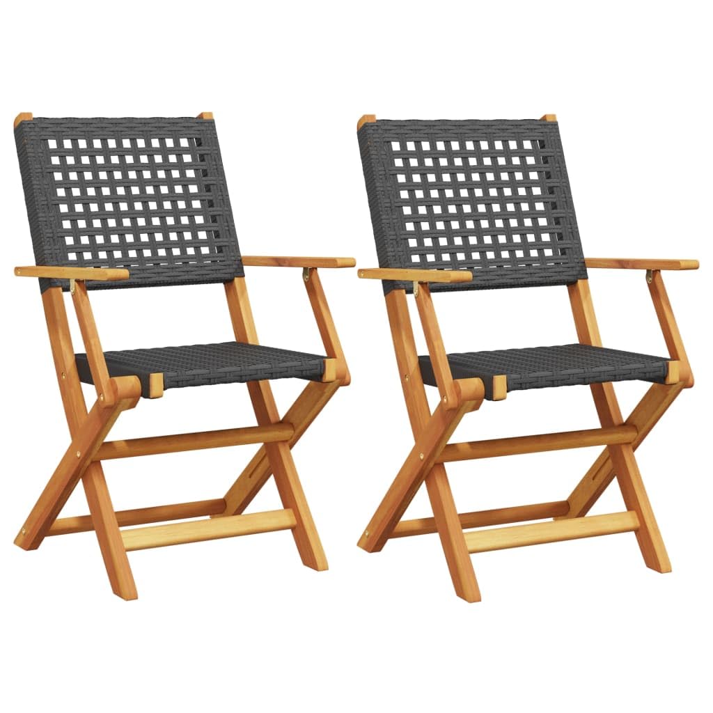 Gartenstühle 2er Set Schwarz, Massivholz Akazie & Poly Rattan, Klappbar, 54x57x91 cm, für Garten, Terrasse, Balkon, Hohe Tragfähigkeit