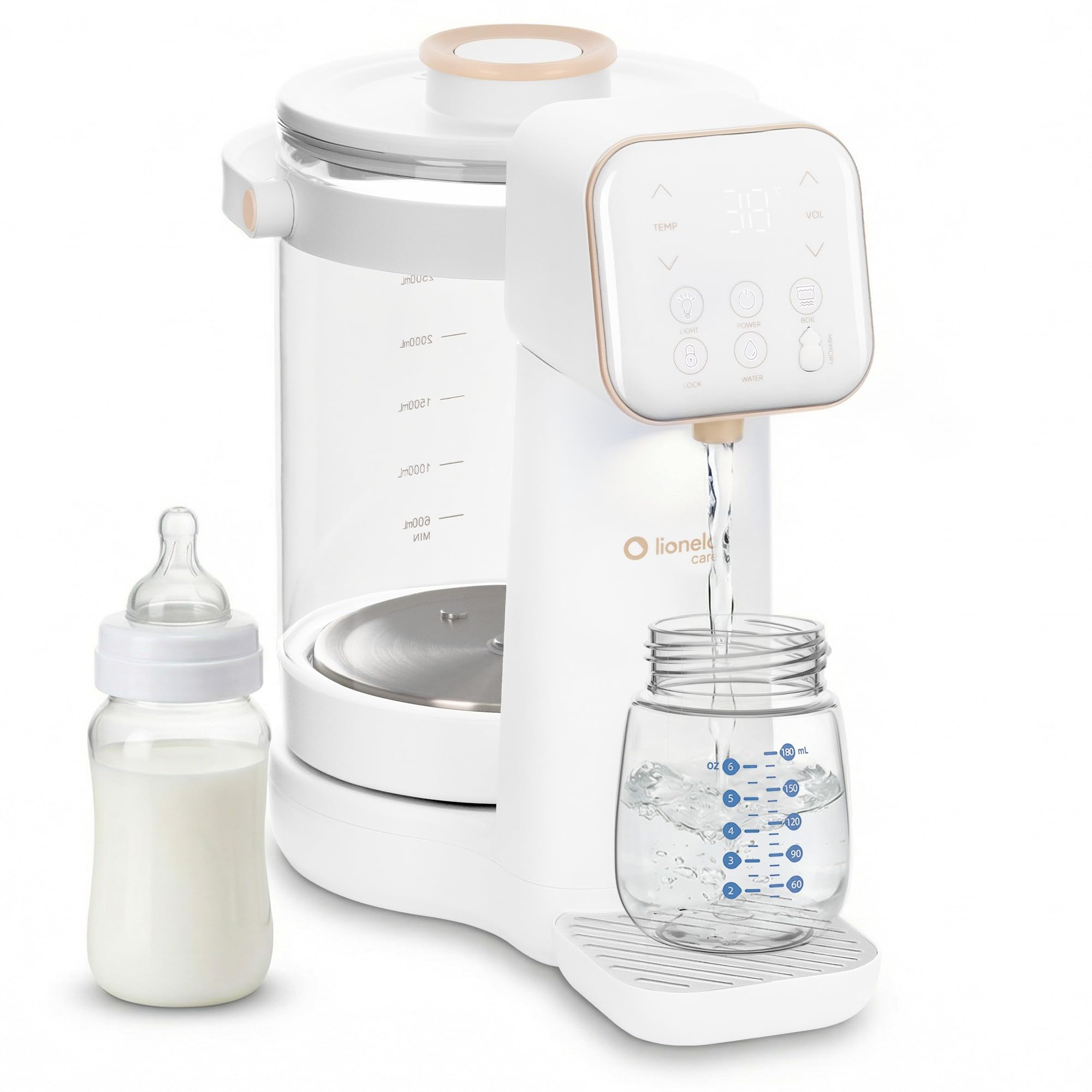 Lionelo BABYPRESTO 2.0 Preparatore Istantaneo di Latte in polvere con Temperatura Regolabile 40-100°C, Dosaggio Automatico 30-300 ml, Formula Scaldabiberon, Dispenser Acqua 3L, Declorazione, Igiene UV