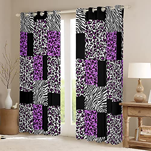 Erosebridal Purple Leopard Curtains Cheetah Print Window Curtains 42" Wx84 L For Girls Teens Adults Women Bedroom Black Zebra Pattern Window Treatments Patchwork Thermal Insulated Window Drapes #TOP2