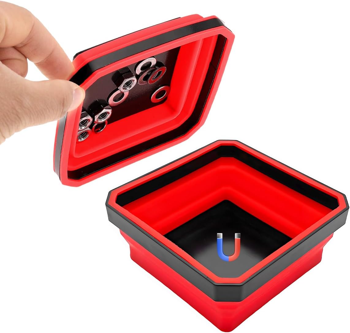 Collapsible Magnetic Parts Tray, 4.5" Square Silicone Tool Tray with Double-Sided Magnetic Base, Foldable Bowls Small Metal Parts Holder for Screws Bolts Nuts Washers (Purple)