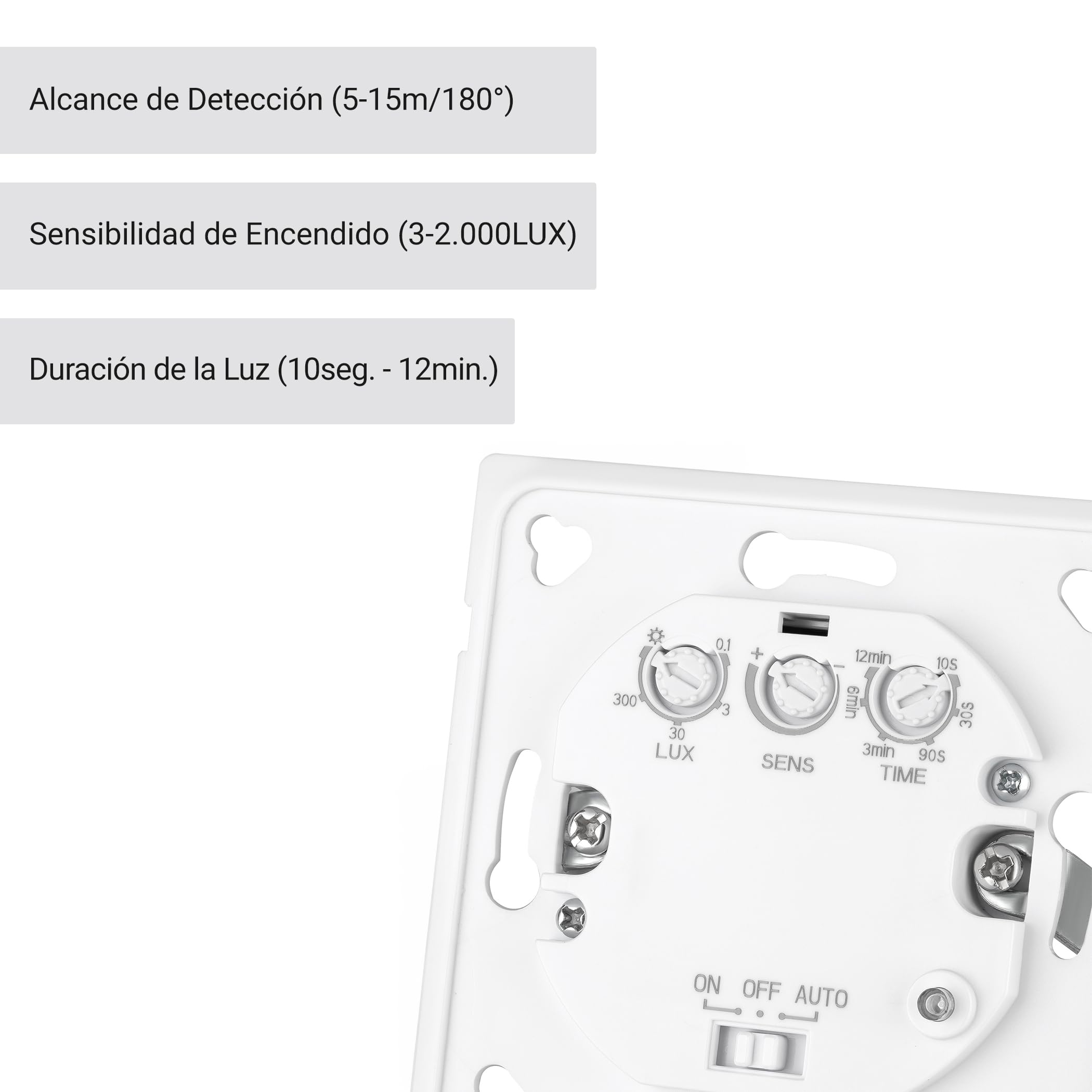 SEBSON® 2X Detector de Movimiento empotrable, Interior, HF Sensor, LED Adecuado, Montaje en Pared, programable, Alcance 15m / 180°