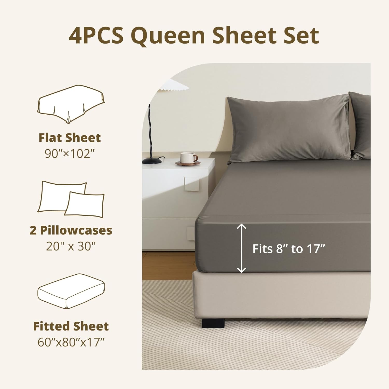 Queen Bed Sheets Set, 4PCS 100% Egyptian Long-Staple Cotton Bedding Sheets with Dual-Lock System, Luxury Soft and Comfort, 1000 Thread Count, Deep Pocket Fits 8" to 17" Mattress - Image 4
