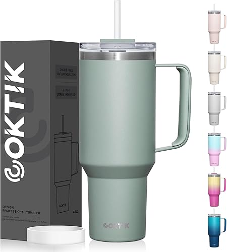 Vaso de 40 onzas con asa y tapa con pajilla, tapa 2 en 1 (con pajilla  abatible), vaso de viaje de acero inoxidable con aislamiento al vacío para