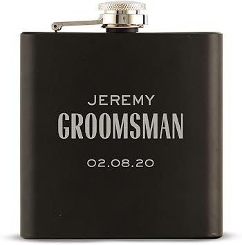 Weddingstar Personalized Custom Engraved 6oz Black Hip Flask Stainless Steel Wedding Gift - Groomsman Modern Font