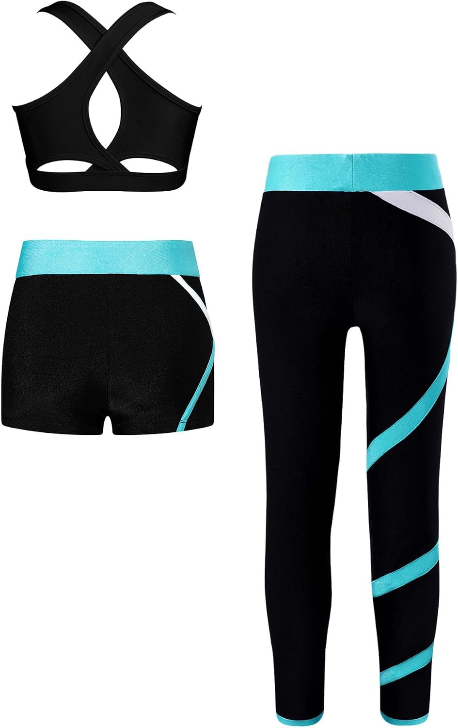 Agoky Kids Girls 3pcs Gymnastic Outfit Dance Sports Outfits Crop Tops with Booty Shorts And Athletic Leggings Tracksuit Blue Green 14 Years