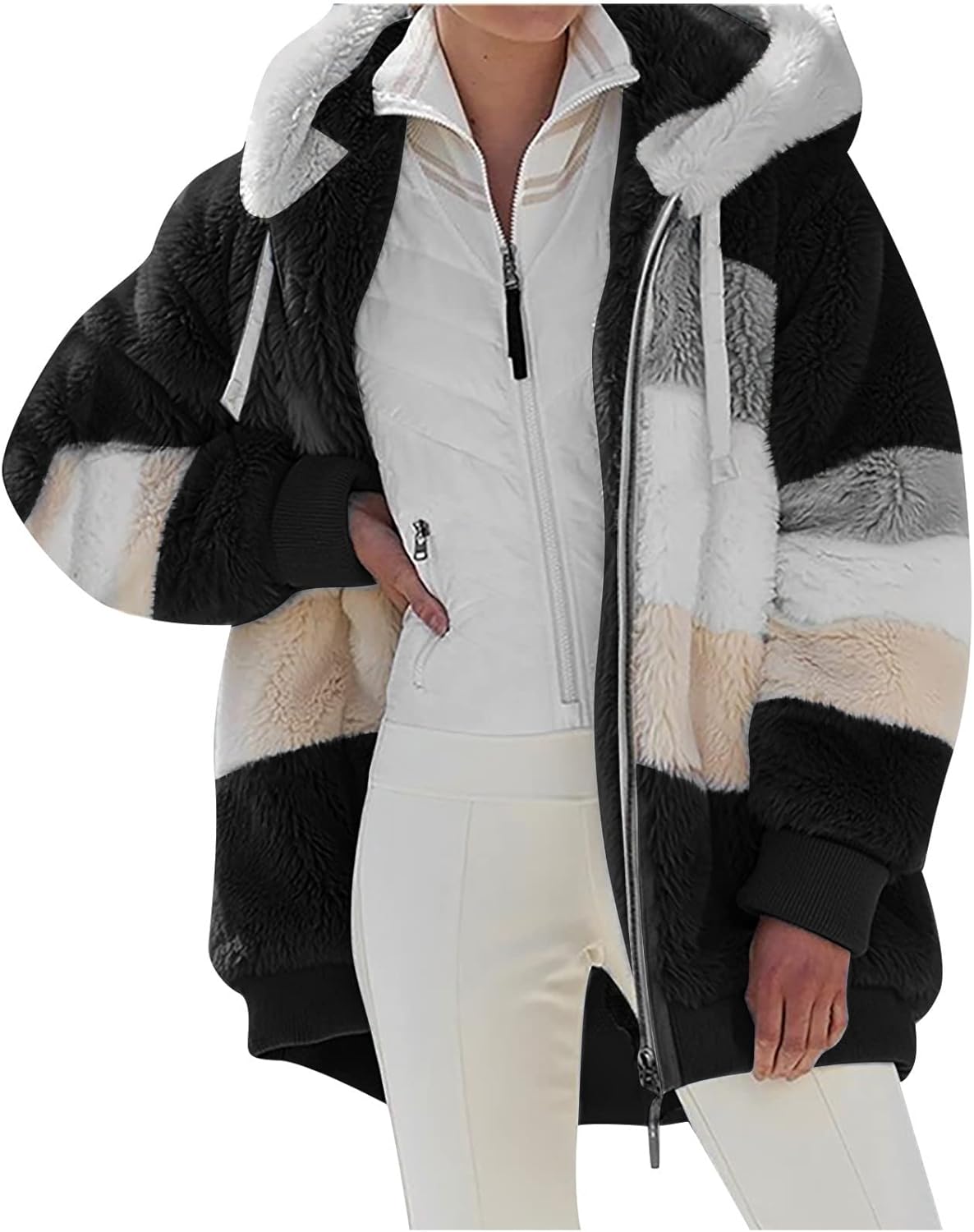 XUNRYAN Womens Fashion Color Block Faux Shearling Coat Warm Hooded Zip Up Fuzzy Winter Jacket Zip Up Outwear with Pockets Large A1#black - Image 1 of 5