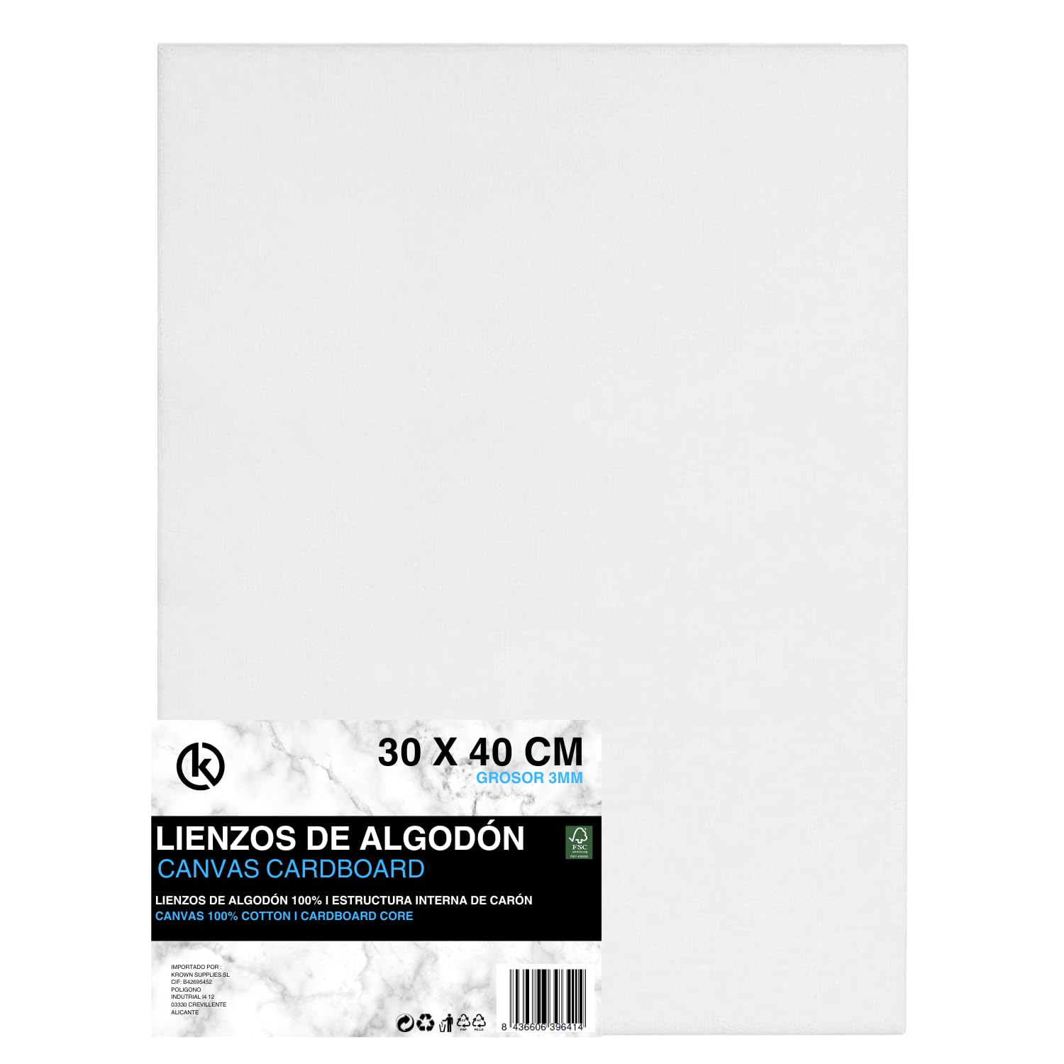 KROWN - Pack de 6 Lienzos 30x40 cm - Grosor 3mm - Canvas 100% Algodón, 280 GSM, Triple Preparado y Libre de Ácido - Perfectos para Acrílico y Óleo