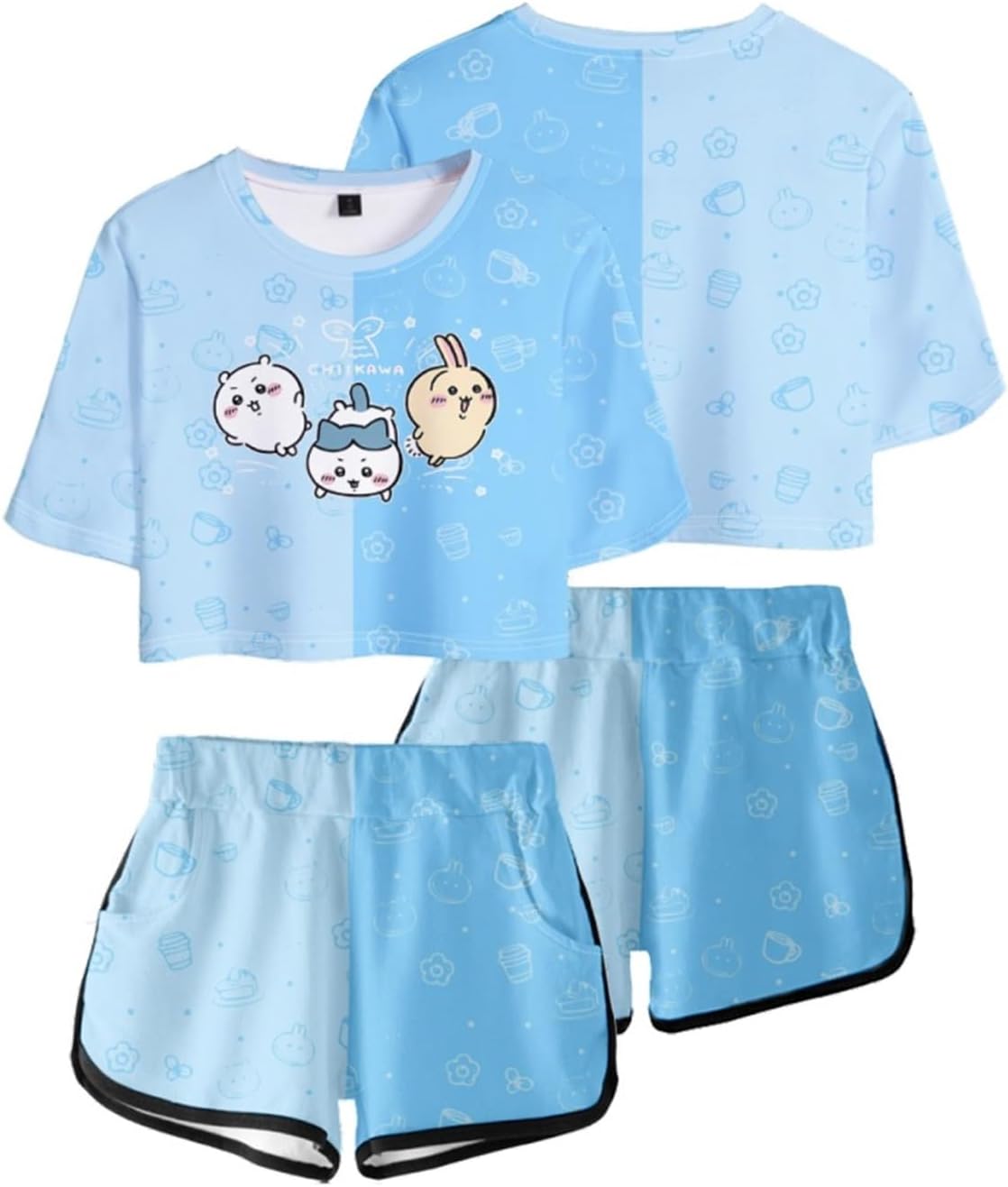 ISaikoy 2 Piece Outfits Anime Chiikawa Short Sleeve Crop Top and Short Pants Sets Hachiware T-Shirt