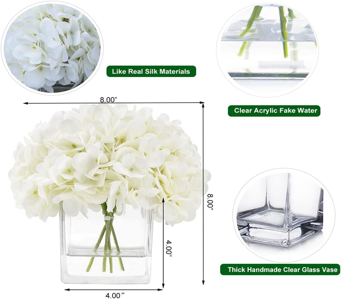 Silk Hydrangea Artificial Flowers in Vase with Faux Water, Silk Flower Arrangements in Vase for Wedding, Dining Table, Living Room (Cream White)