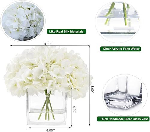 Miniatura 4 de rubystory Hortensias artificiales de seda azul en jarrón con agua sintética, arreglos florales de seda en jarrón para decoración del hogar, mesa de