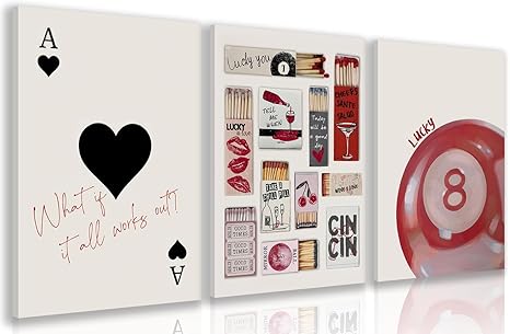 Vintage Matchbox Canvas Wall Art, Vibrant Crimson Lucky 8 Ball Poster Print, Black Trendy Ace of Hearts Wall Decor, Retro Matchbox Aesthetic Picture for Bedroom Living Room Framed 12"x16"x3