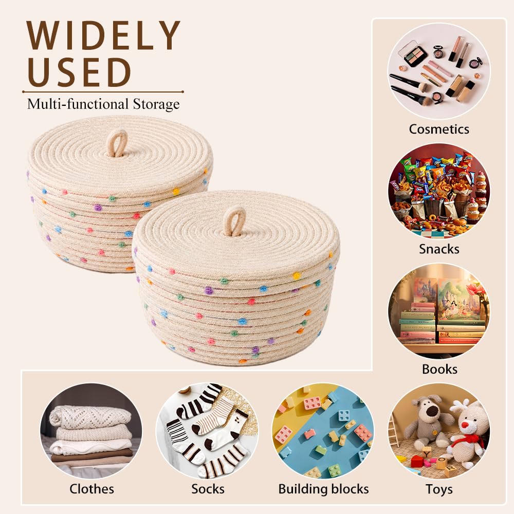 2 Pezzi Cestino in Corda di Cotone con Coperchio Cestino Portaoggetti Intrecciato con Coperchio Decorativi Intrecciati con Coperchio di Cotone Rotondo per Snack Asciugamani Cestello Giocattolo