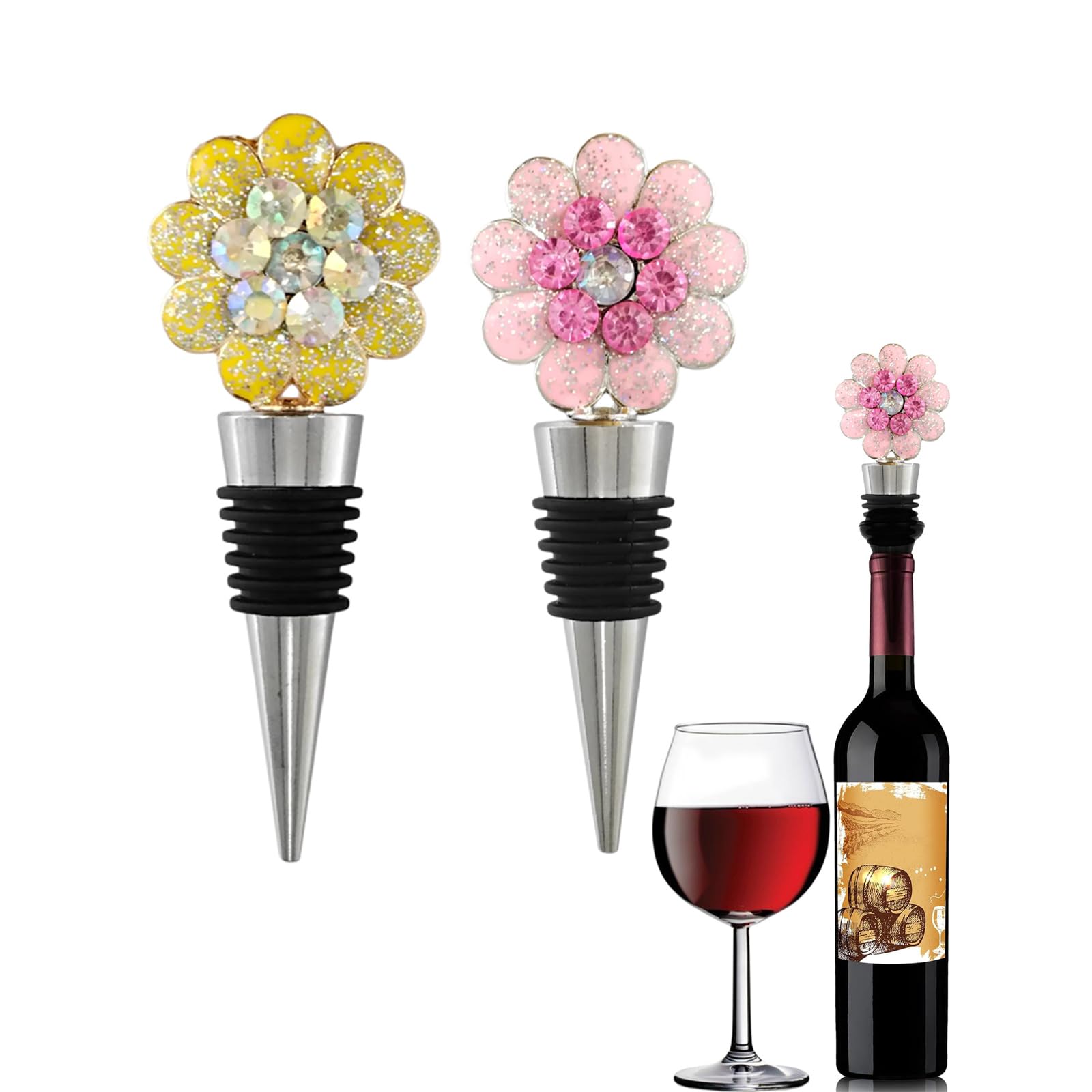 Tapones de vino de flores, corchos de vino, tapones reutilizables para botellas de vino, lindos tapones florales para vino, accesorios de vino para cocina, vacaciones, fiestas, bodas, regalos de