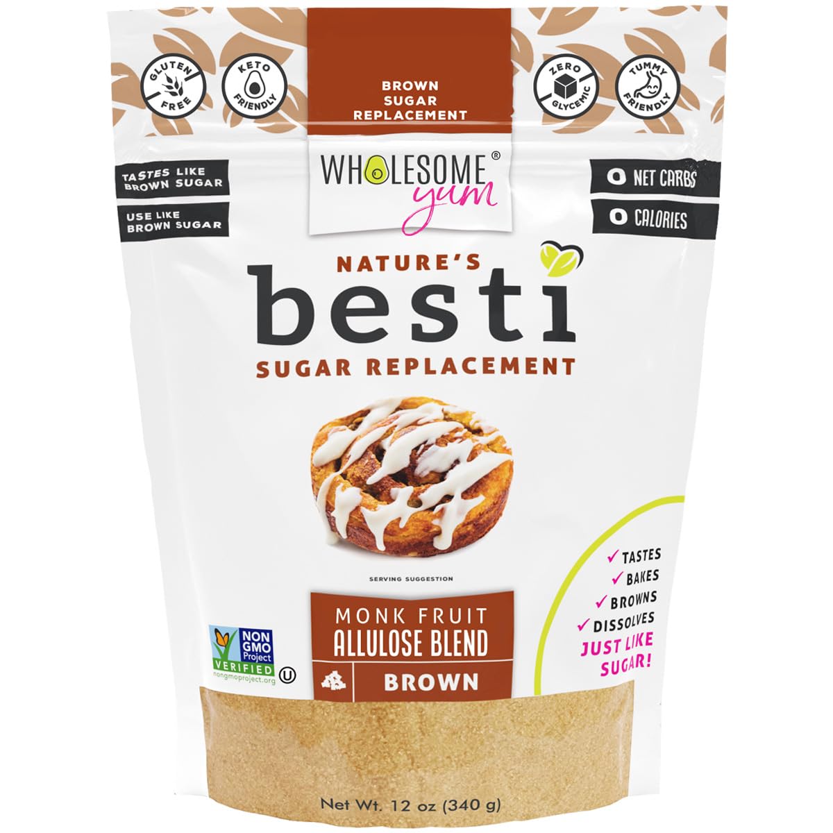 Wholesome Yum - Besti Natural Brown Sugar Substitute - Keto Brown Monk Fruit Sweetener Blend with Alulose (Erythritol Free) - Non-GMO, Zero Carbs, Zero Calories, F Sugar