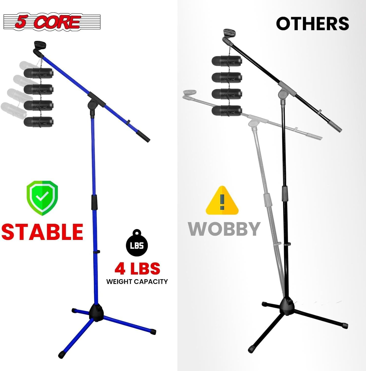 5 Core Mic Stand Floor Pair Universal Height Adjustable 72" Tripod Microphone Stands w Extending Telescoping Boom Arm - MS 080 D-BLU 2PCS