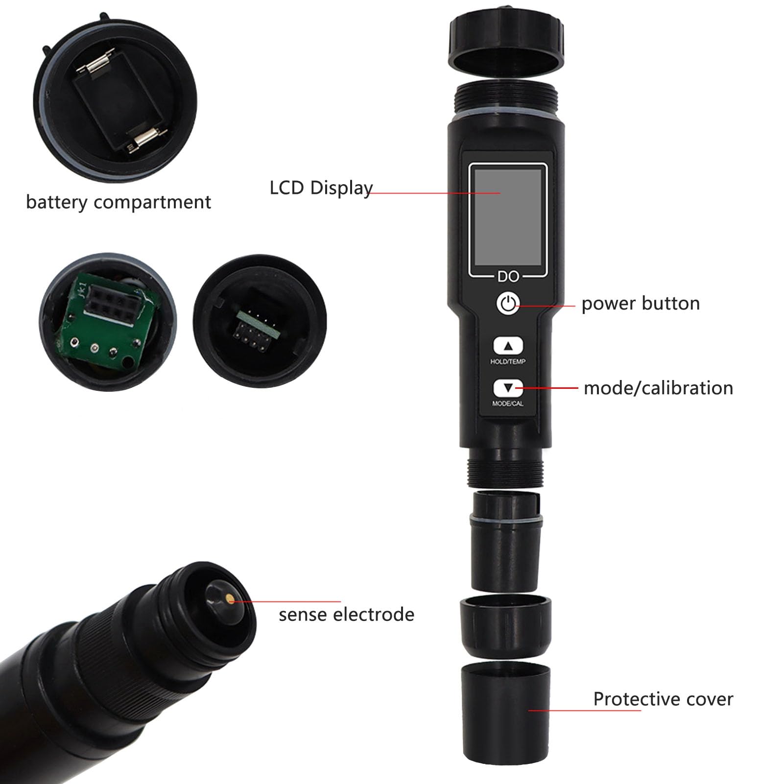 Medidor de oxígeno disuelto, sondeo desmontable Pantalla de pantalla digital Sensor de oxígeno disuelto, kit de prueba de oxígeno disuelto digital para la investigación del (Sin