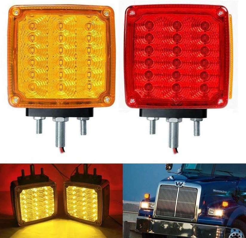 All Star Truck Parts2pc Amber/Red 39 LED Double Face Stud Mount Pedestal Fender Stop Turn Tail Light for Heavy Truck Trailer Peterbilt Freightliner Kenworth Mack Western Star Left & Right Side Lights