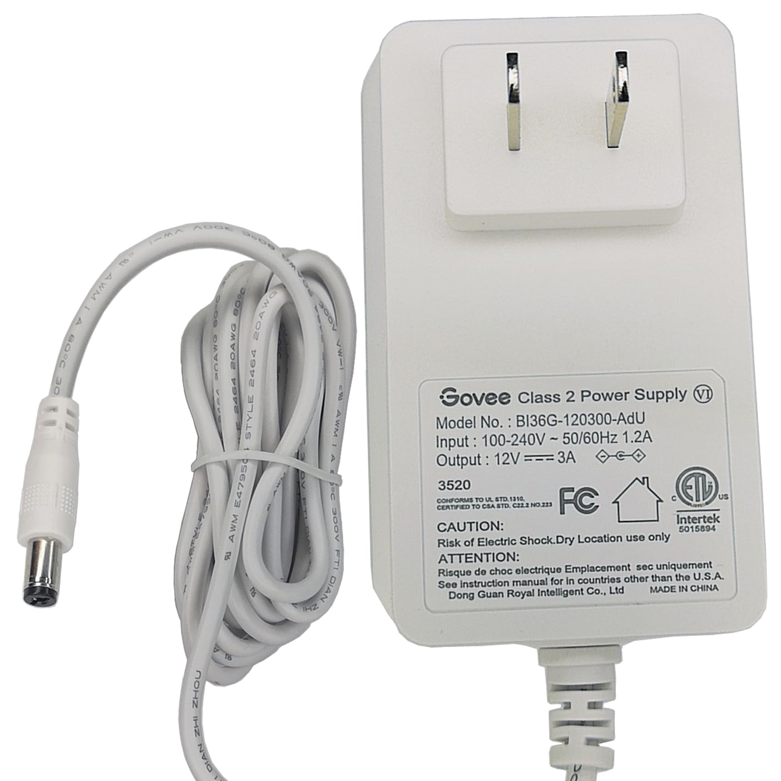 Genuine 12V 3A AC/DC Adapter for Govee Smart Ecolor RGB LED Strip Light H6139 H6140 H6110 EL10 BI36G-120300-AdU Minger BI36-120300-AdU CW1203000US LiteBox ELED-36W12V3A 12VDC Power Supply Cord Charger