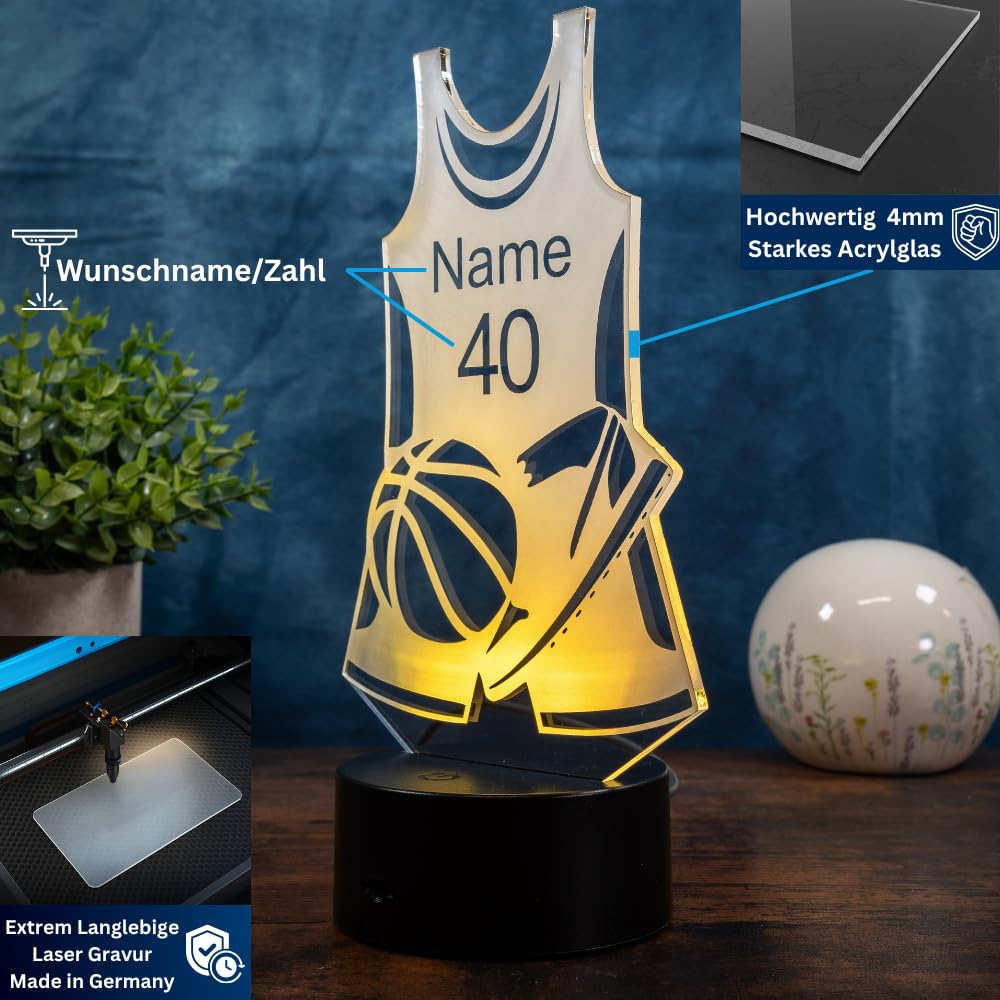 Personalisierte Basketball LED-Lampe - Das Geschenk Ideefür Basketballfans und Spieler, als deko und Nachtlicht Trikot mit Wunschname und Zahl