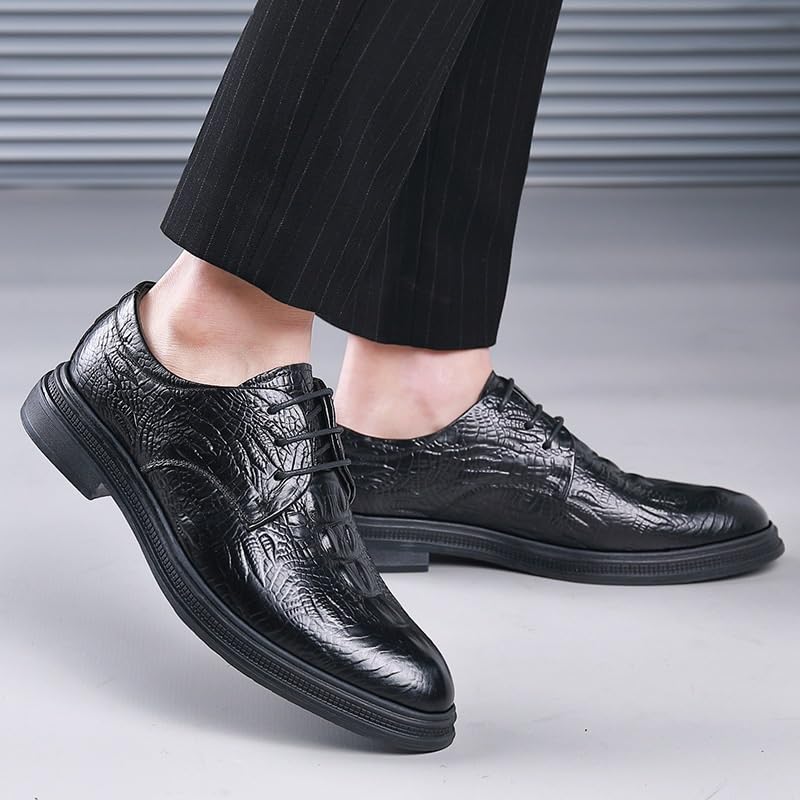 Men's Dress Shoes Men Breathable Print Leather Wingtip Oxford Shoes Formal Pointed Lace Up Casual Business Suit Tuxedo Shoes for Men(Black,7)2