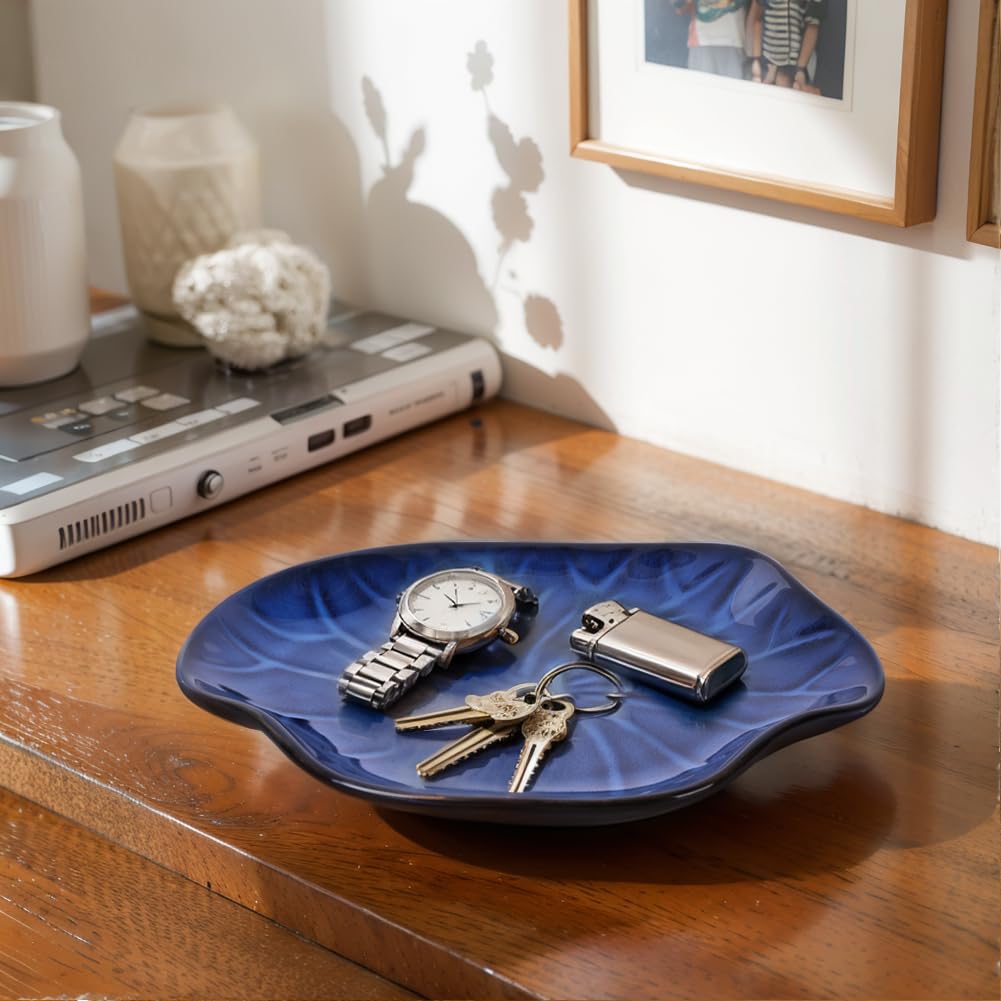 Cuenco decorativo de cerámica azul, plato pequeño de 8.3 pulgadas, cuenco de frutas, plato de caramelos, cuenco para llaves para mesa de entrada, plato de joyería y anillo, plato de porcelana