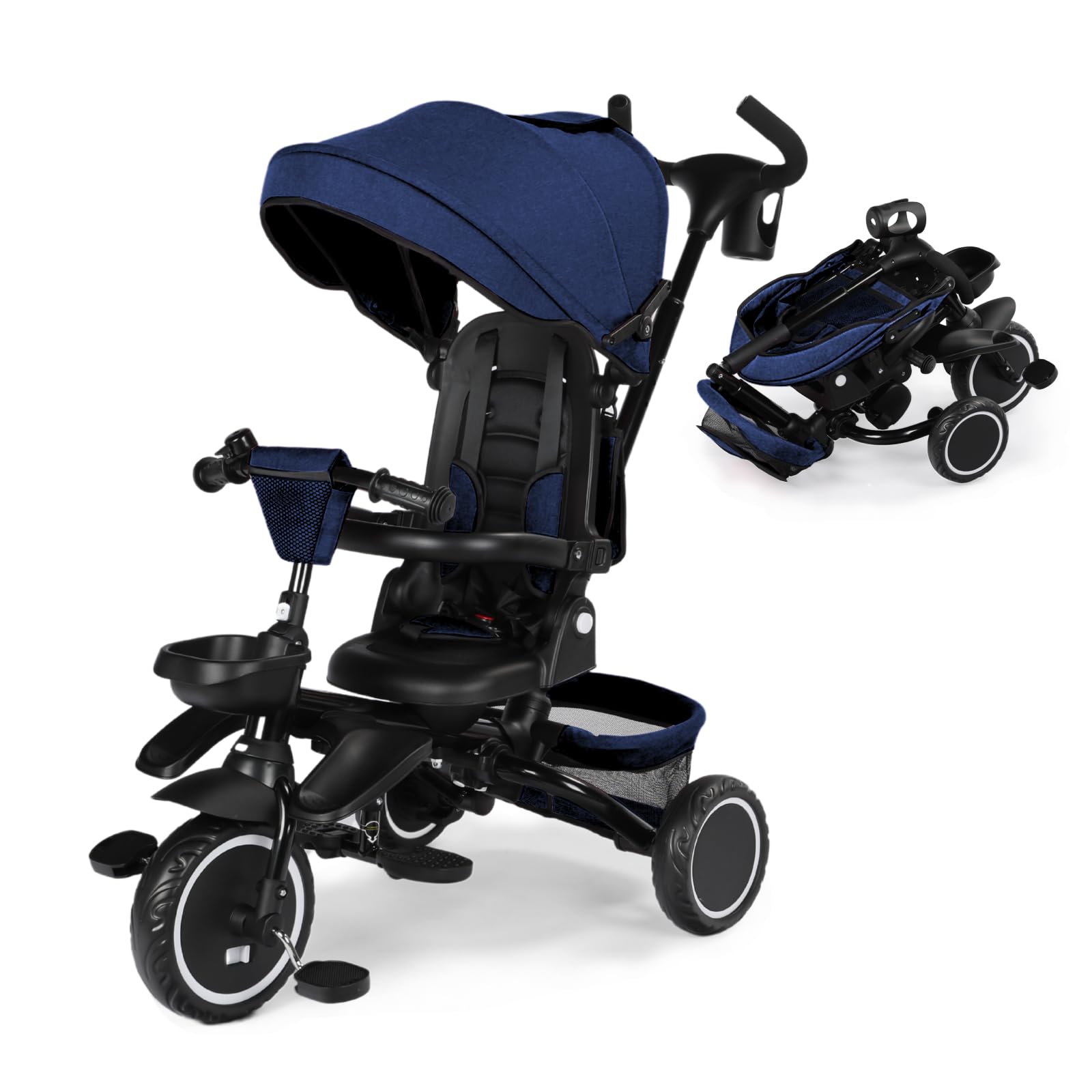 Kinder King 8-in-1 folding toddler tricycle in Blue with adjustable push handle