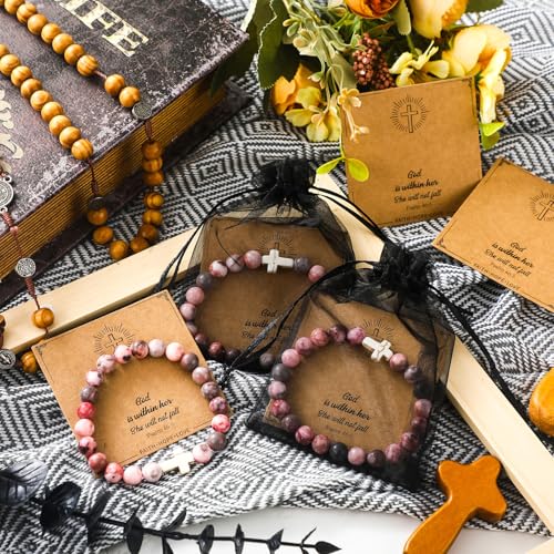 Quelay 12 Set Christian Gifts for Women Bible Verse Bracelet Baptism Religious Elastic Beads Bracelet with Card Mesh Bag Religious Inspirational Gift Jesus Faith for Mom Friend3