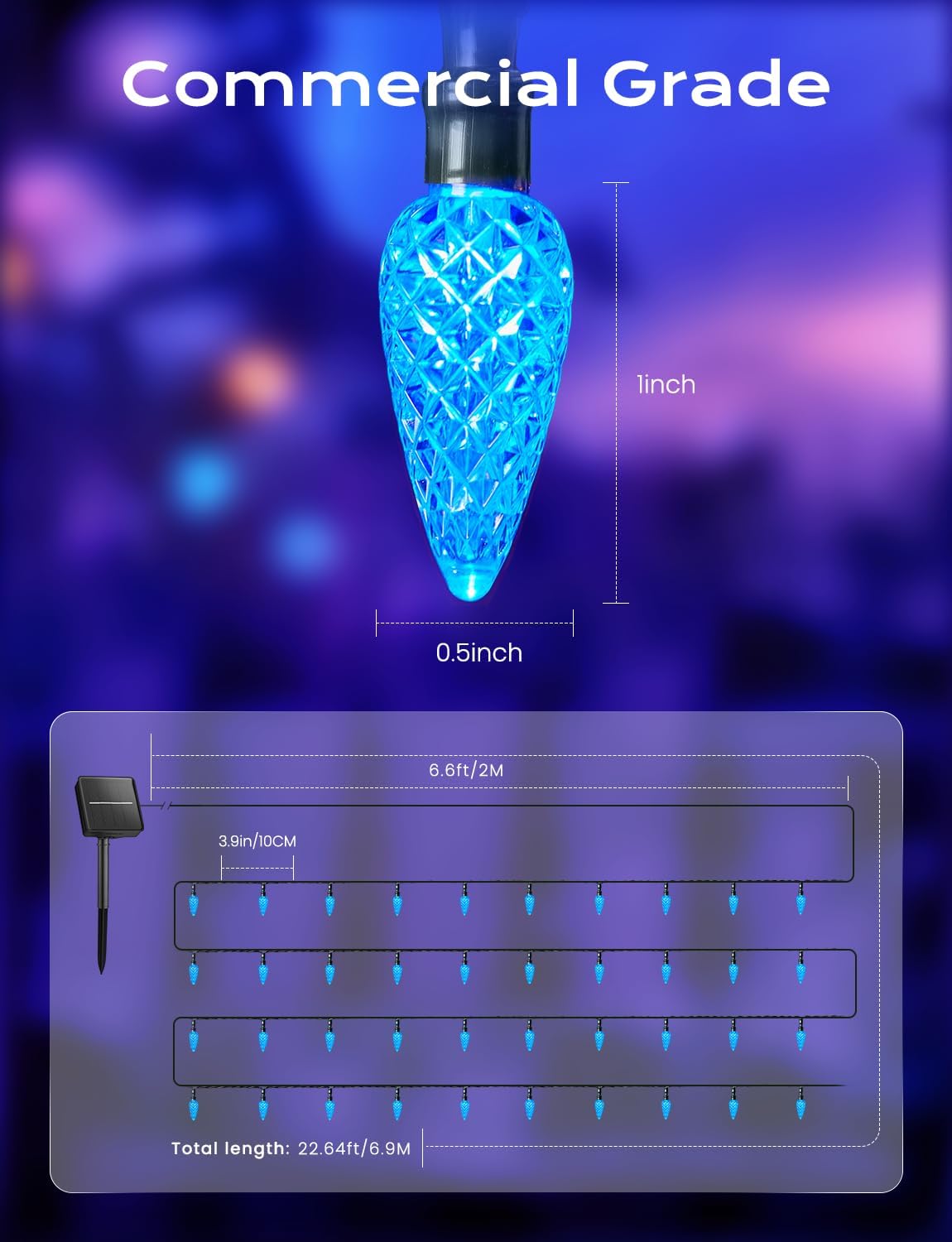 Brightown Solar Operated C6 Strawberry String Lights, 22.64ft 50 LEDs Blue LED Christmas Fairy Lights, Solar Christmas Lights Outdoor, Christmas Decorations for Christmas Tree, Garden Decor