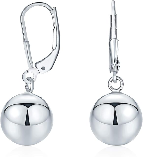 Simple Basic Dangling Lever back Round Bead Ball Drop Earrings For Women .925 Sterling Silver 10MM