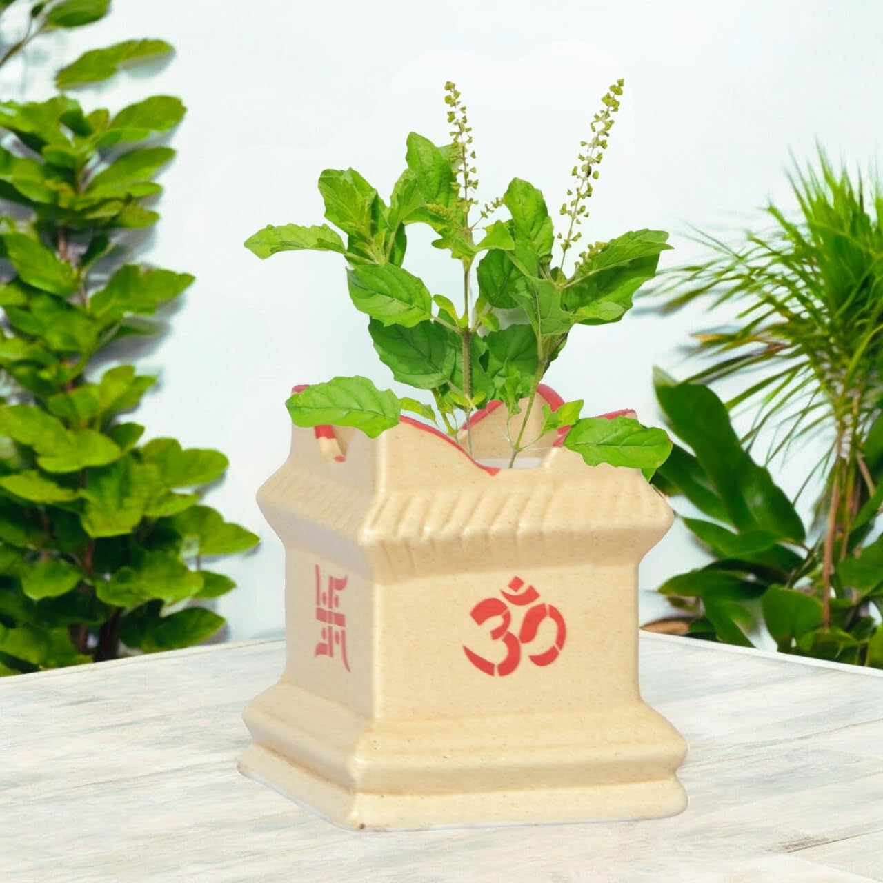 ecofynd 6 inches Tulsi Ceramic Plant Pots, Flower Pot with Drainage Hole, Decorative Modern Indoor Planters, Home Garden Decor for Living Room Bedroom Interior (Ivory,CPOT016-06)
