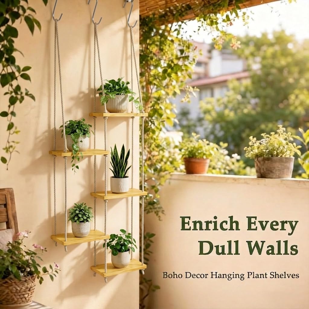 Window Plant Shelves, 5-Tier Window Shelf for Plants, Hanging Plant Shelf for Windows, Painted Wood Window Sill Shelf for Plants, Macrame Plant Hanger, Boho Decor for Living Room Bedroom Wall
