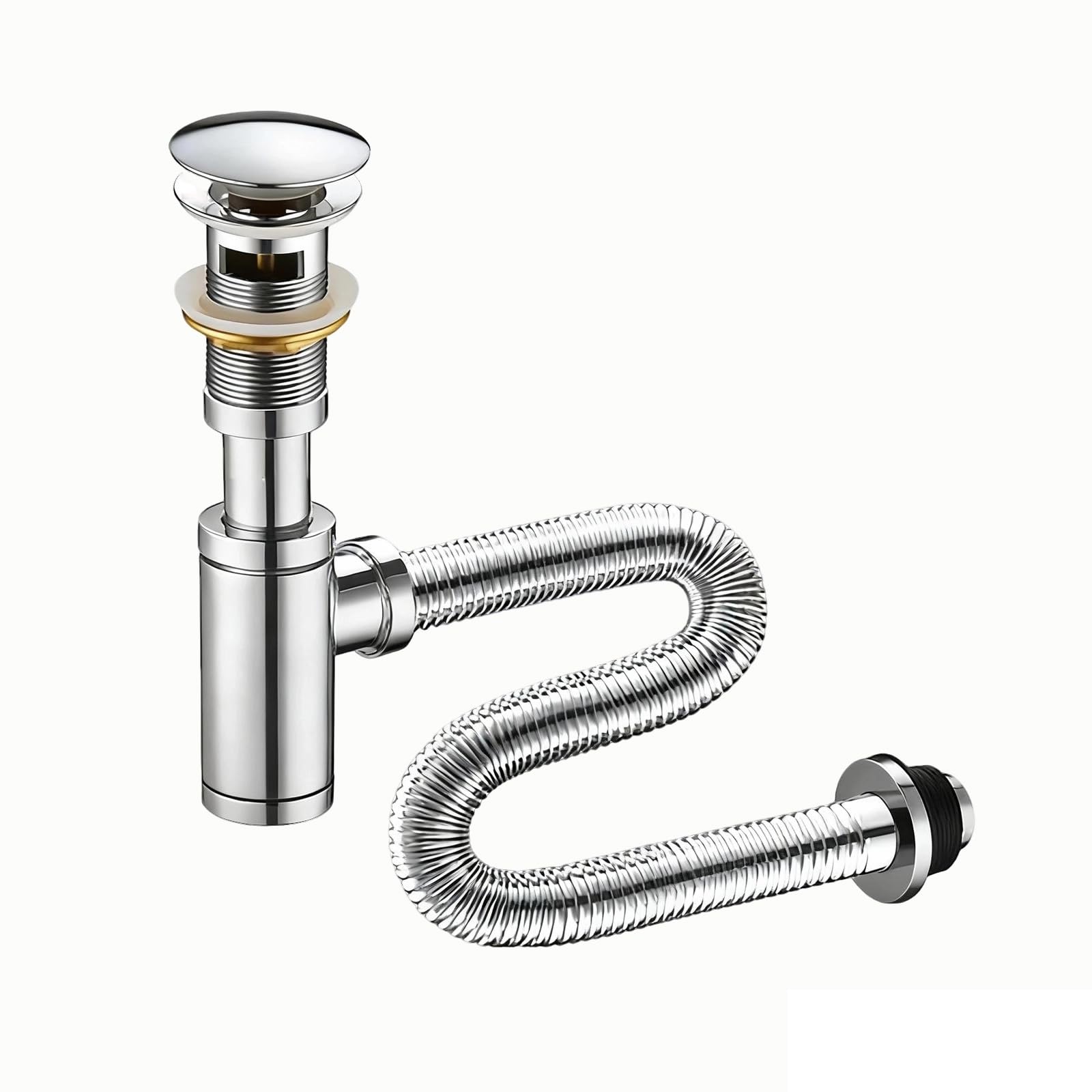 Sifón Fregadero Cocina Con Rebosadero,Válvula Click Clack,Altura Ajustable,Sifón Lavabo Flexible Cromado,Tubo De Desagüe Antiolor Antiobstrucción