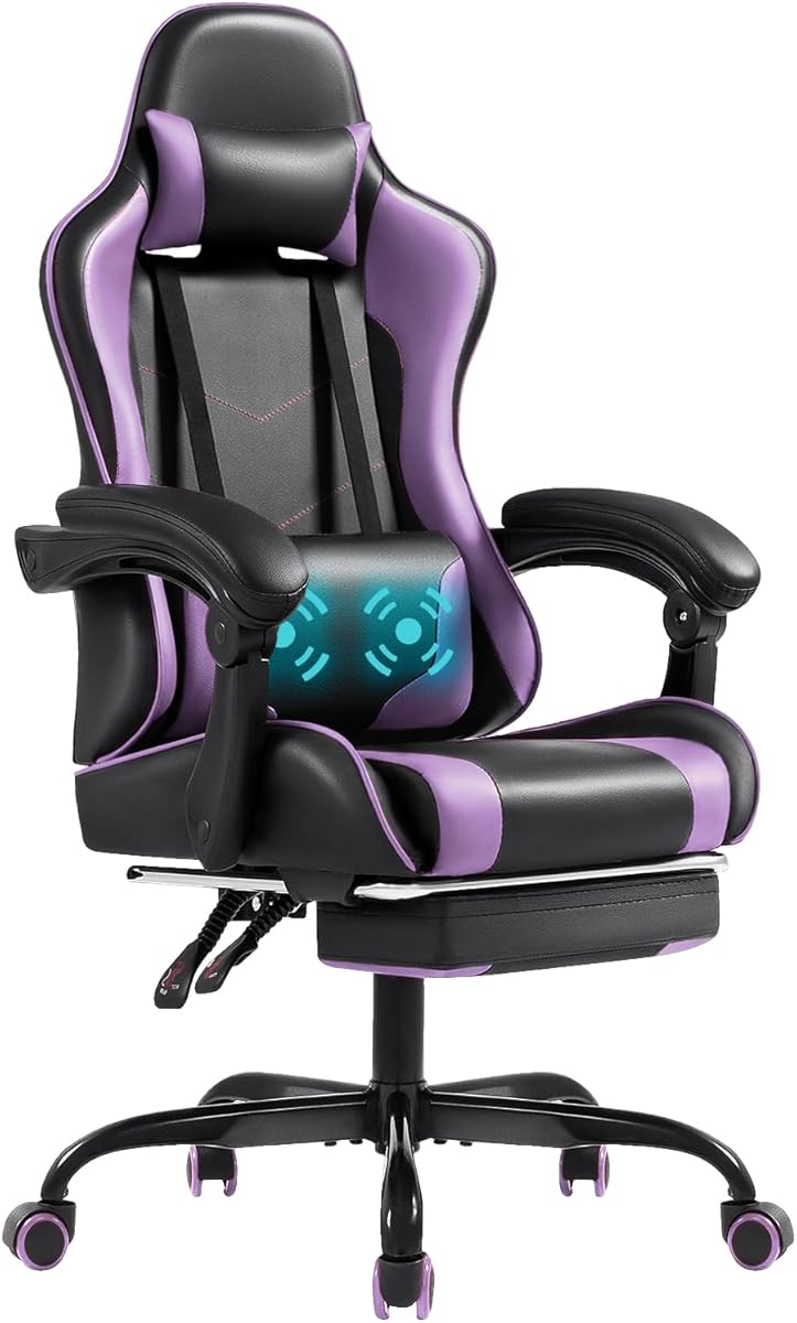 Shahoo Gaming Chair with Footrest and Massage Lumbar Support, Computer Chairs, Video Racing Seat Height Adjustable with 360°Swivel and Headrest for Office or Bedroom, Purple : Everything Else