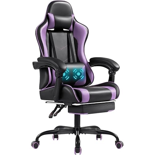 Shahoo Gaming Chair with Footrest and Massage Lumbar Support, Computer Chairs, Video Racing Seat Height Adjustable with 360°Swivel and Headrest for Office or Bedroom, Purple